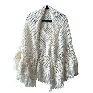 Handmade Crochet White Shawl With Tassels Cozy & Elegant Perfect For Layering Wr